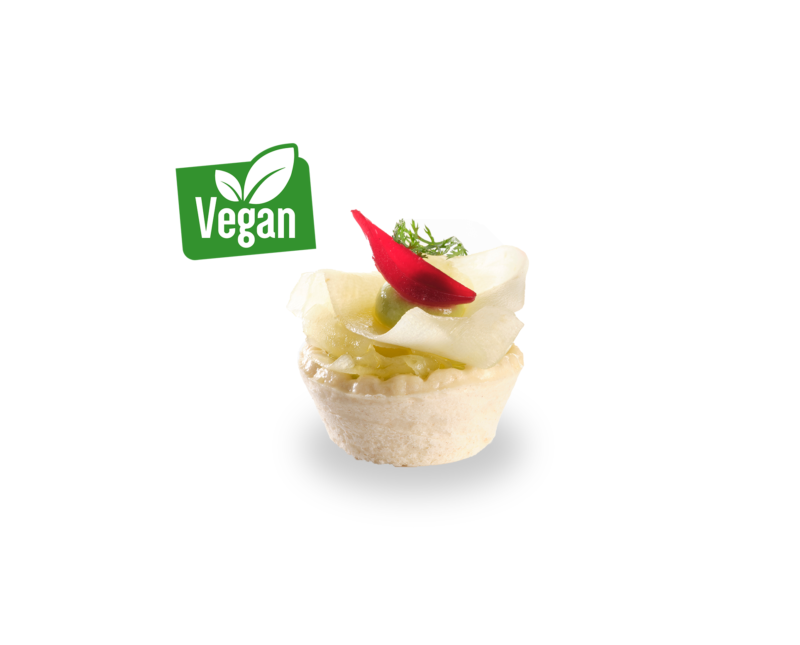 White vegan salmon tarts with avocado cream and sweet and sour onion